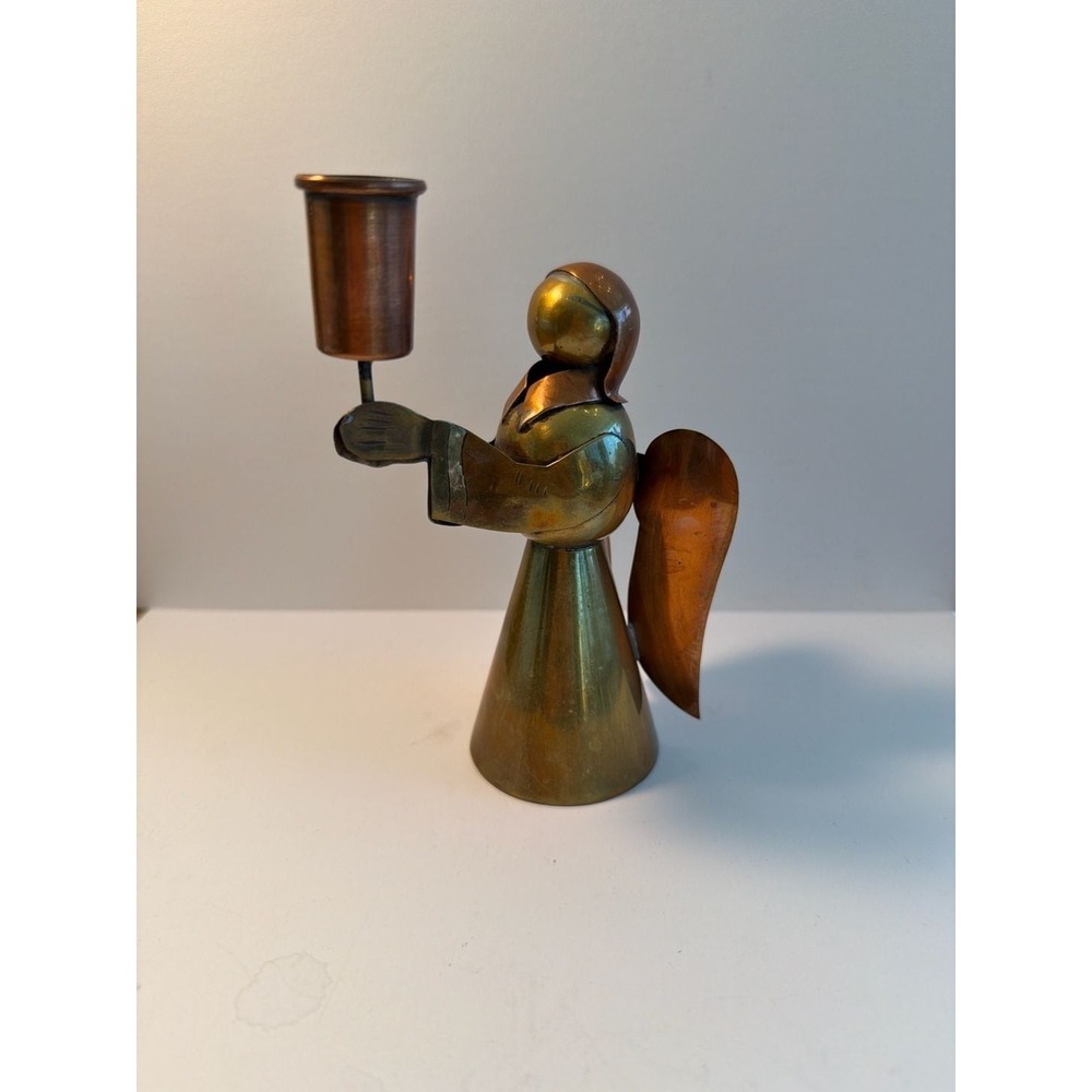 Mid-Century Modern Brass and Copper Angel Figurine Taper Candle Holder